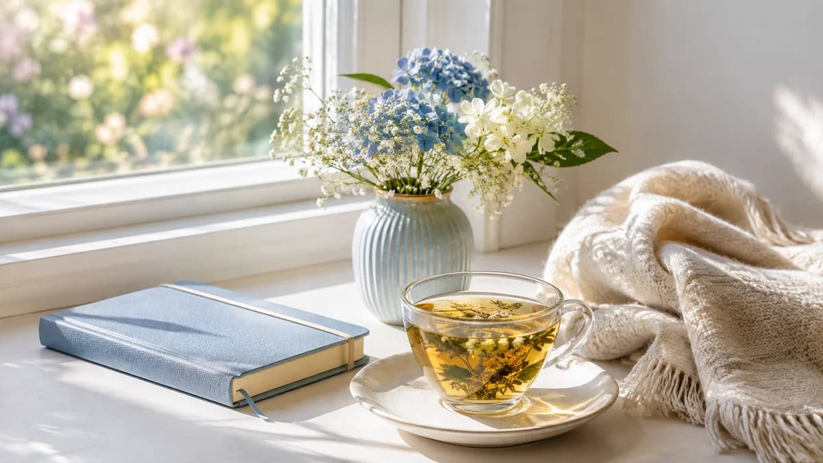 A peaceful morning windowsill with tea and a journal, hormone therapy for women over 40 in Las Cruces, NM