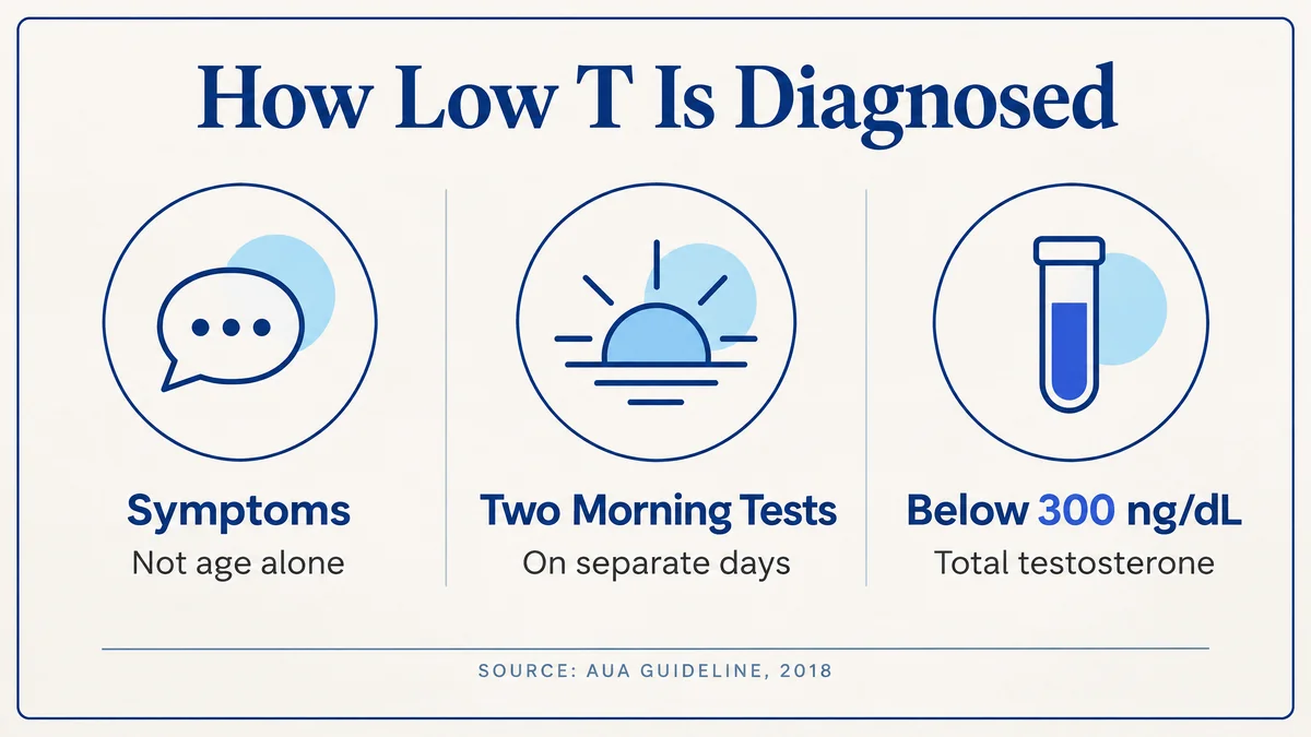 Infographic: how low testosterone is diagnosed, with symptoms, two morning tests on separate days, and total testosterone below 300 ng/dL