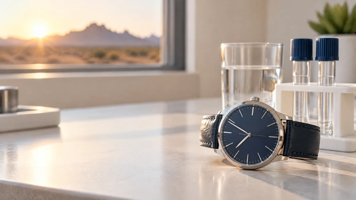 A wristwatch and two unlabeled blood tubes on a clinic counter at sunrise, a reminder that low testosterone is tested in the early morning