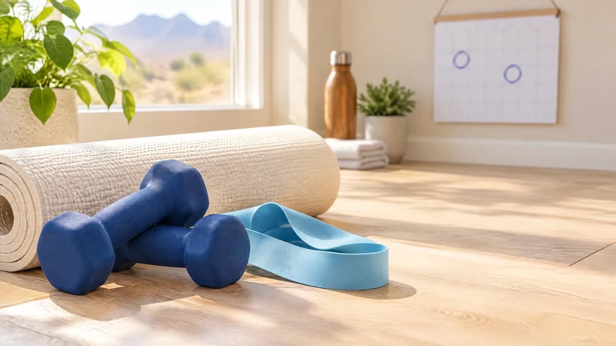 Blue hand weights, a resistance band and a rolled exercise mat on a sunny floor, with two days circled on a calendar for strength training