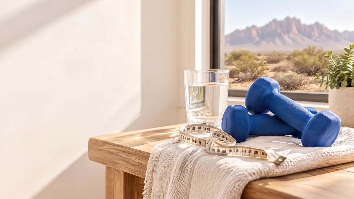 Two blue hand weights, a tape measure and a glass of water by a window with the Organ Mountains outside, a calm start to managing menopause weight gain