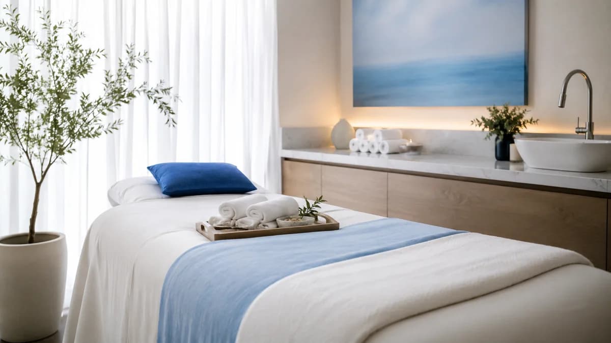 A serene modern treatment room with folded towels and soft daylight, body contouring in Las Cruces, NM