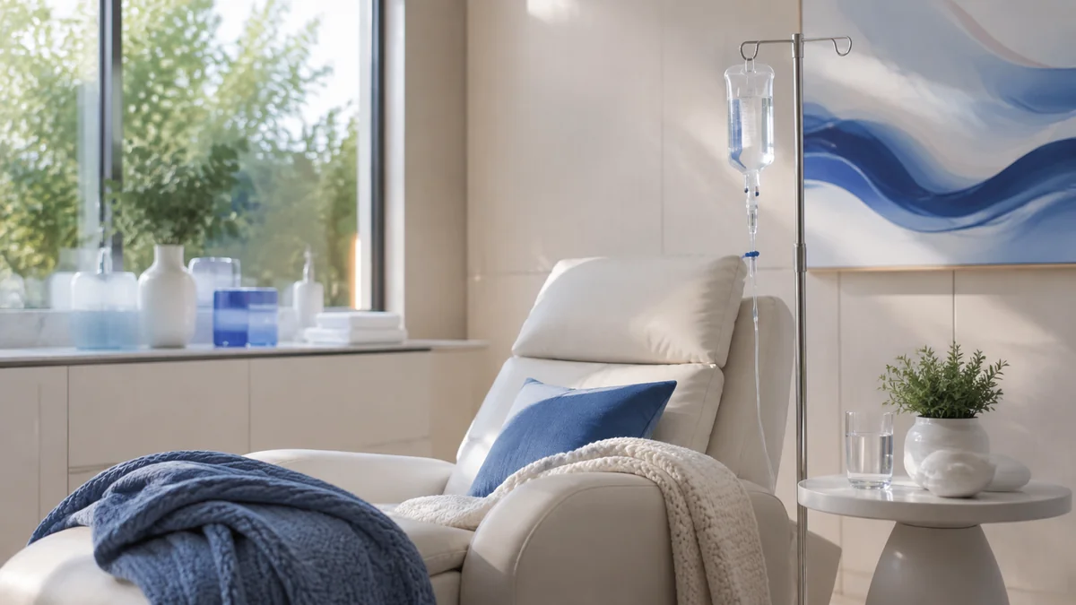 A bright wellness lounge with a recliner and IV stand for NAD+ therapy in Las Cruces, NM