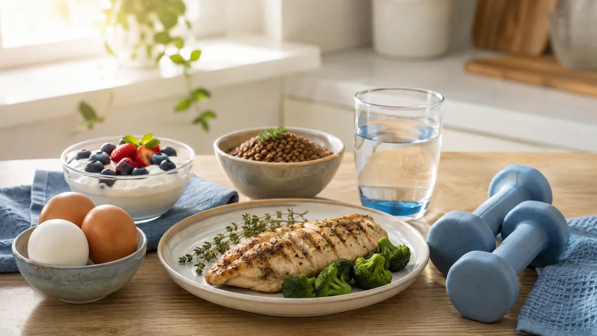 Protein-forward foods and light hand weights on a bright kitchen counter, simple ways to protect muscle on semaglutide in Las Cruces, NM