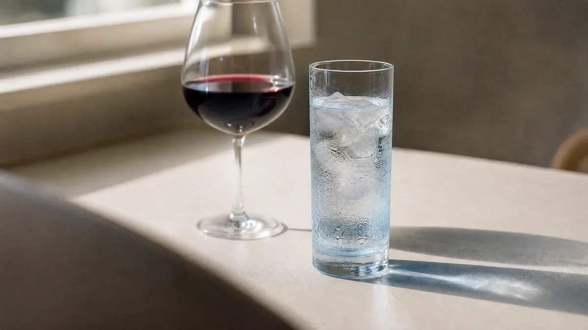 A single glass of red wine and a glass of water side by side on a pale table in soft daylight