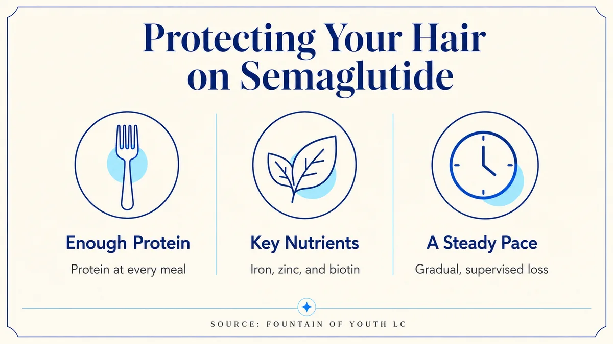 Three ways to protect your hair on semaglutide: enough protein, key nutrients like iron, zinc, and biotin, and a steady, supervised pace