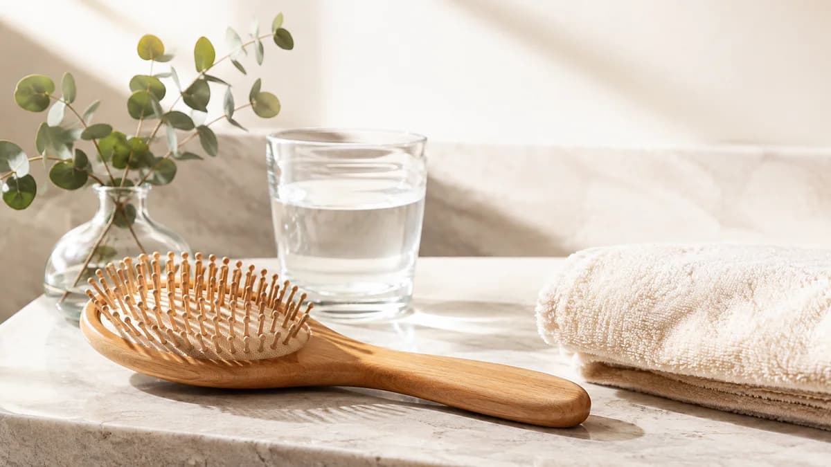 A calm, sunlit vanity with a wooden hairbrush, a glass of water, and a eucalyptus sprig, healthy routines that support hair during weight loss in Las Cruces, NM