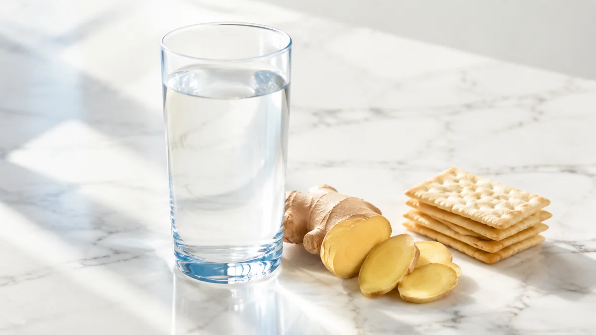 A glass of water, fresh ginger, and plain crackers on a bright counter, simple ways to ease semaglutide side effects in Las Cruces, NM