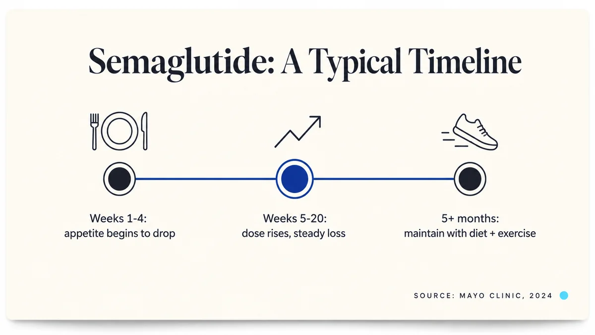 Semaglutide timeline: appetite drops in weeks one to four, dose rises with steady loss through weeks five to twenty, maintain with diet and exercise after five months