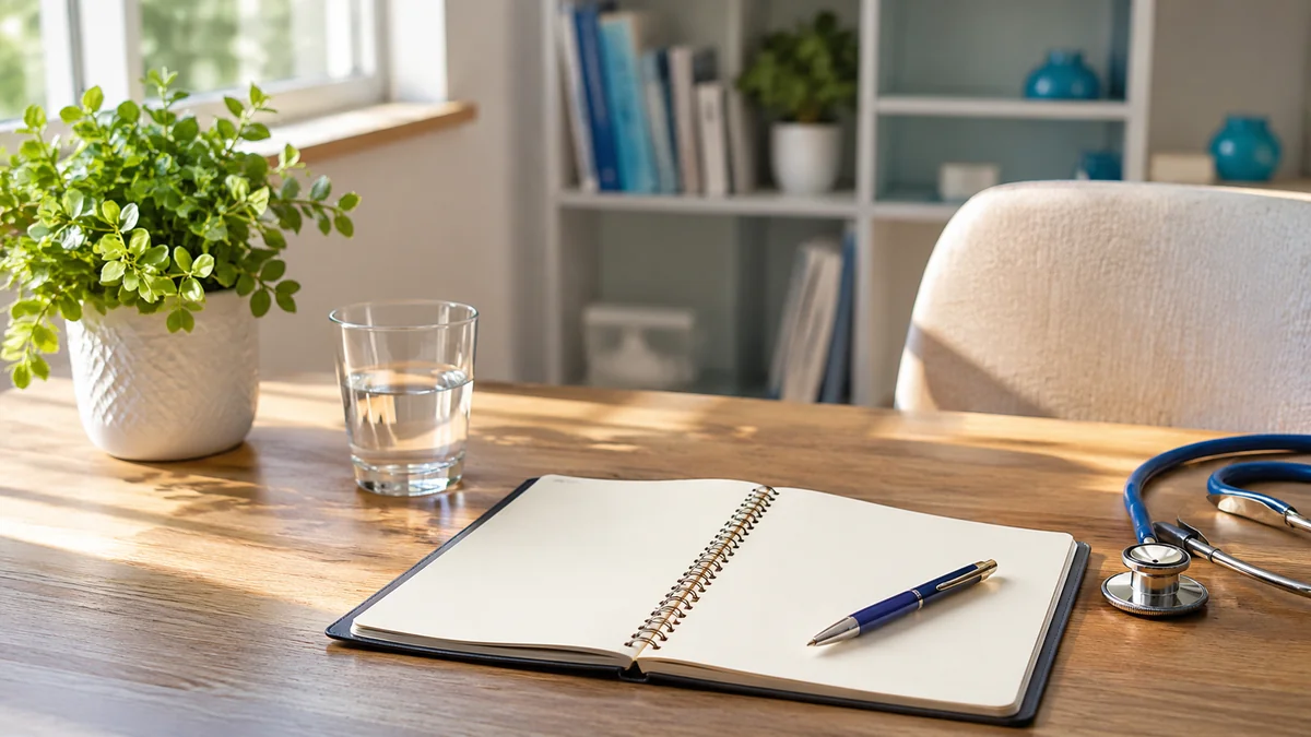 A welcoming consultation desk with a notebook and water near a bright window in Las Cruces, NM