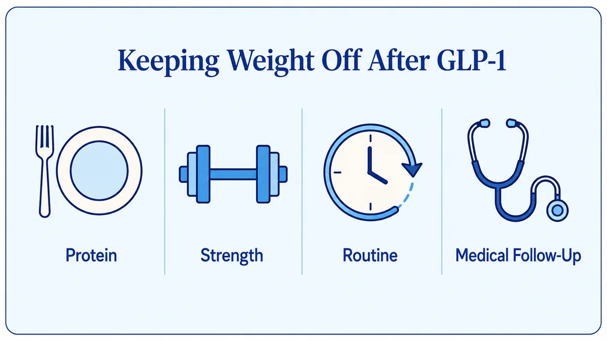 Four habits that keep weight off after a GLP-1 program: protein, strength training, routine, and medical follow-up