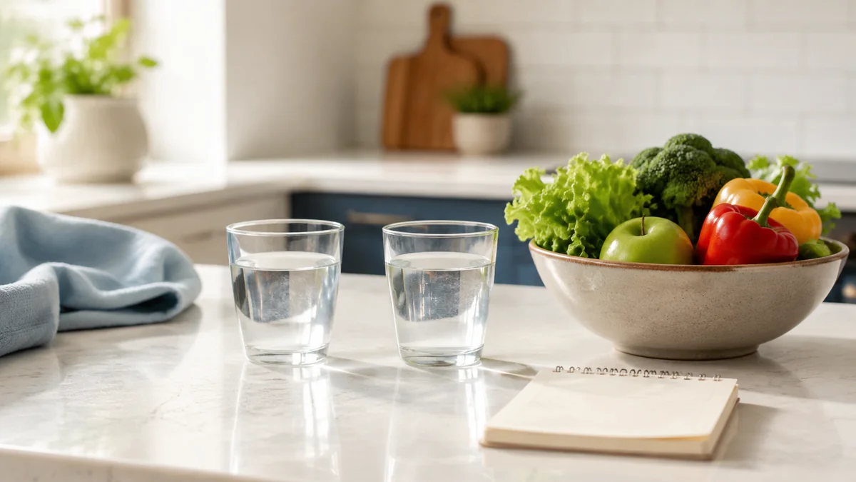 Two glasses of water and fresh produce on a bright kitchen counter, comparing GLP-1 options in Las Cruces, NM